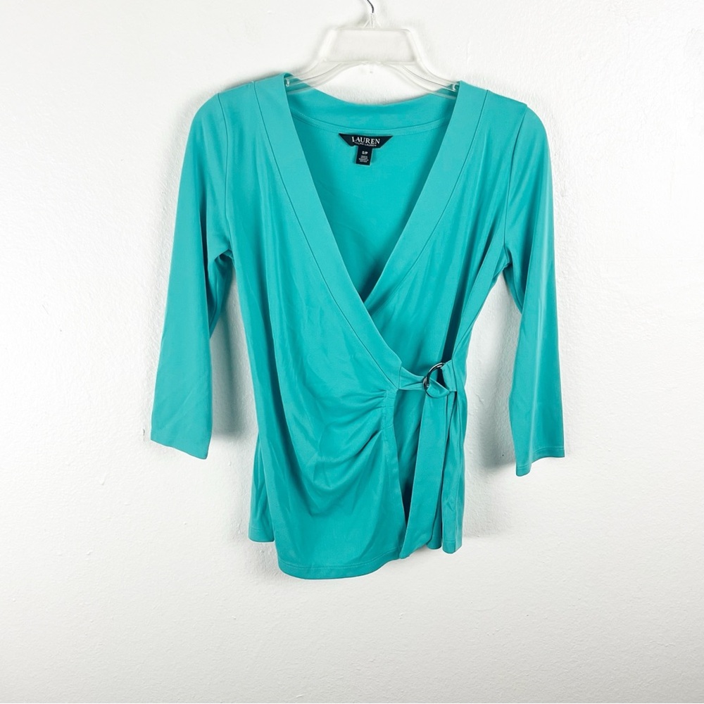 LAUREN RALPH LAUREN Faux Wrap Ruched Buckle Detail 3/4 Sleeves Blouse Size Small